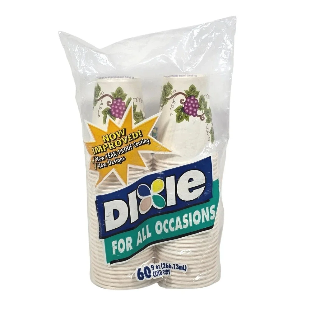 VTG 2002 Dixie‎ Cups 9 oz 60 Count Grape Vine Design Leak Proof Coating Sealed